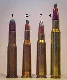 Savage cartridges were short enough to fit their compact action: (1) 303 Savage, (2) 22 High Power and (3) 250-3000, beside the longer  (4) 30-06.